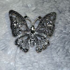 Marcasite Silver Tone Butterfly Brooch - Filigree
